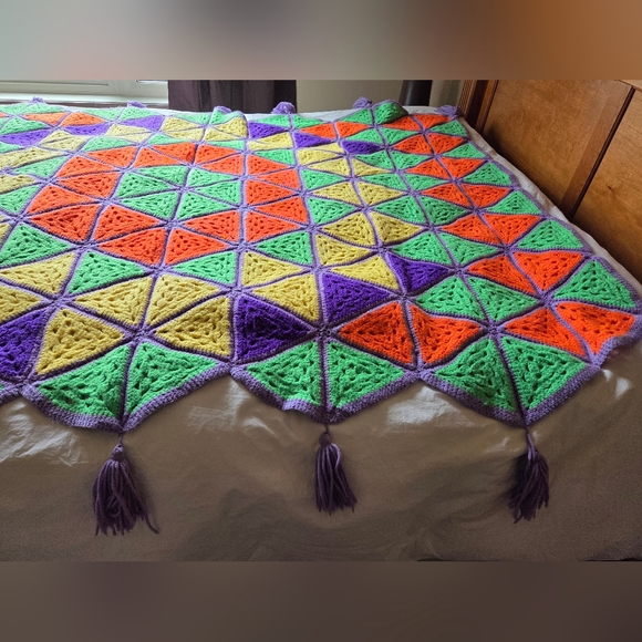Vintage Colorful Geometric Handmade Crochet Blanket Afghan - Picture 8 of 14
